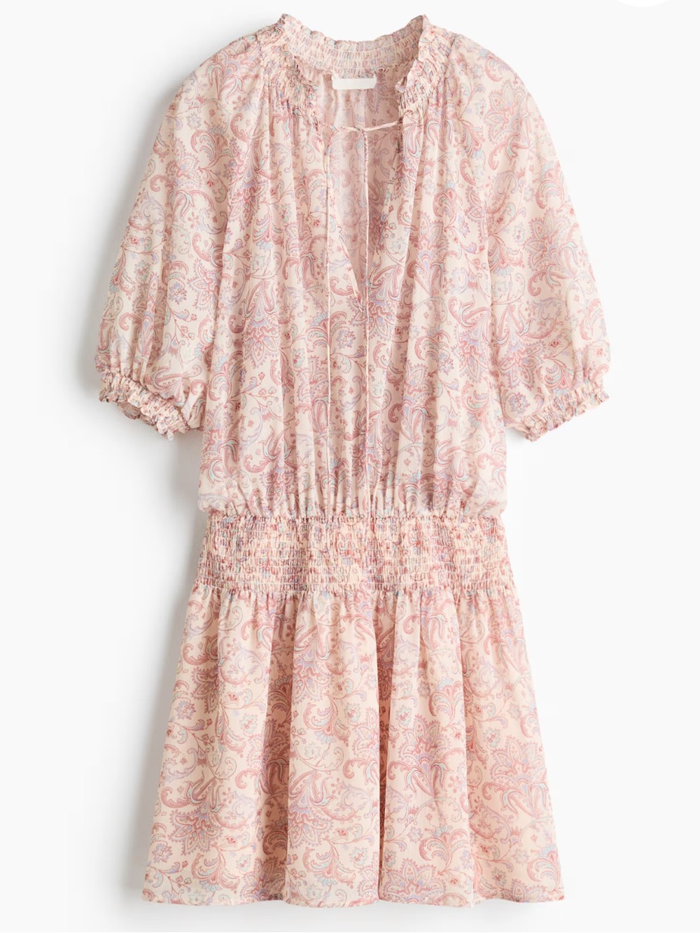 H&M Pink Paisley Smocked-Waist Mini Dress